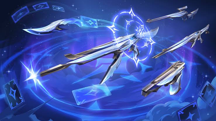 Imagen filtrada de una skin de VALORANT con arma azul oscuro, luces neón rosas y moradas y un diseño de gato.
