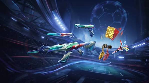 Imagen filtrada de una skin de VALORANT con arma azul oscuro, luces neón rosas y moradas y un diseño de gato.