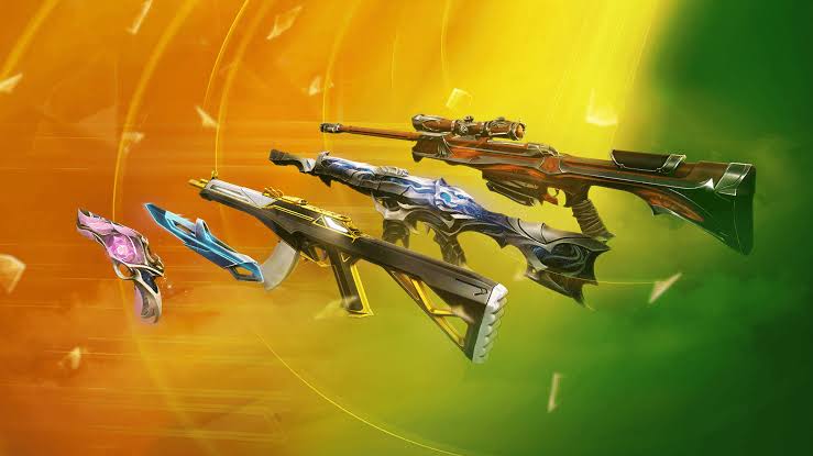 Imagen filtrada de una skin de VALORANT con arma azul oscuro, luces neón rosas y moradas y un diseño de gato.